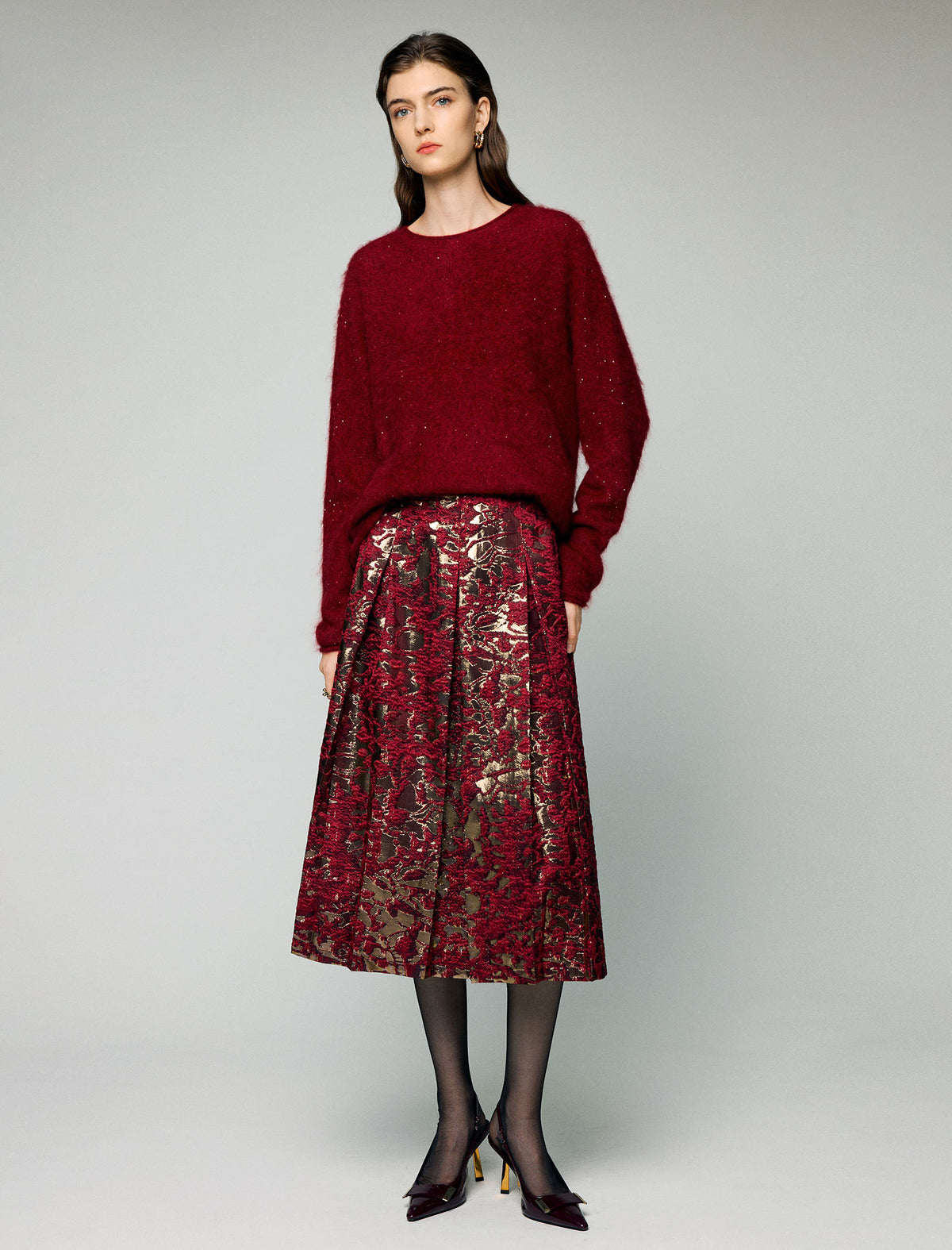 Wool and Mulberry Silk Blend Sequin Crewneck Relaxed Sweater