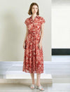 Rust Red Tie-Dye Floral Print Button-Down Midi Shirt Dress