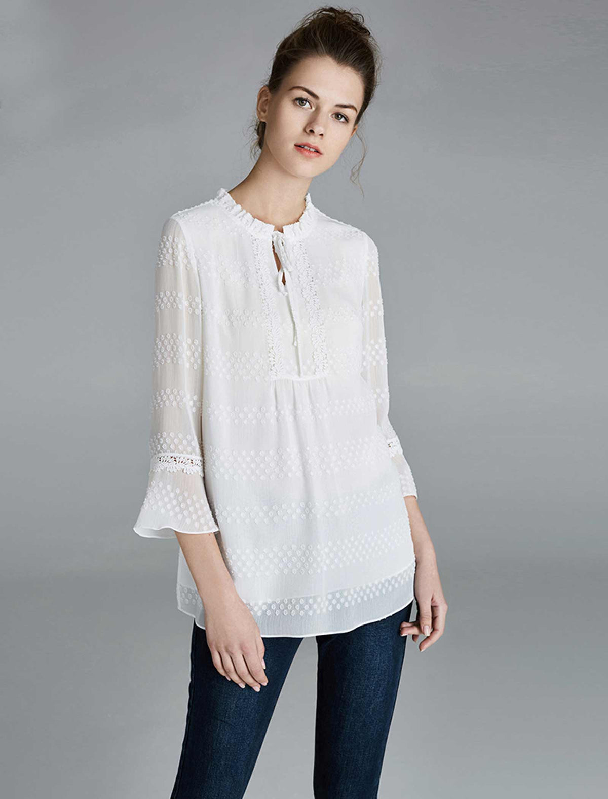 White Swiss Dot Ruffled Collar Bell Sleeve Blouse