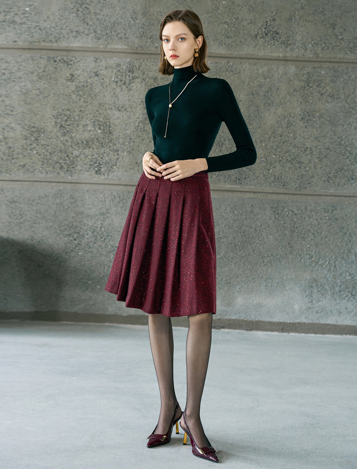 Sparkle Tweed Box-Pleated Knee-Length Skirt