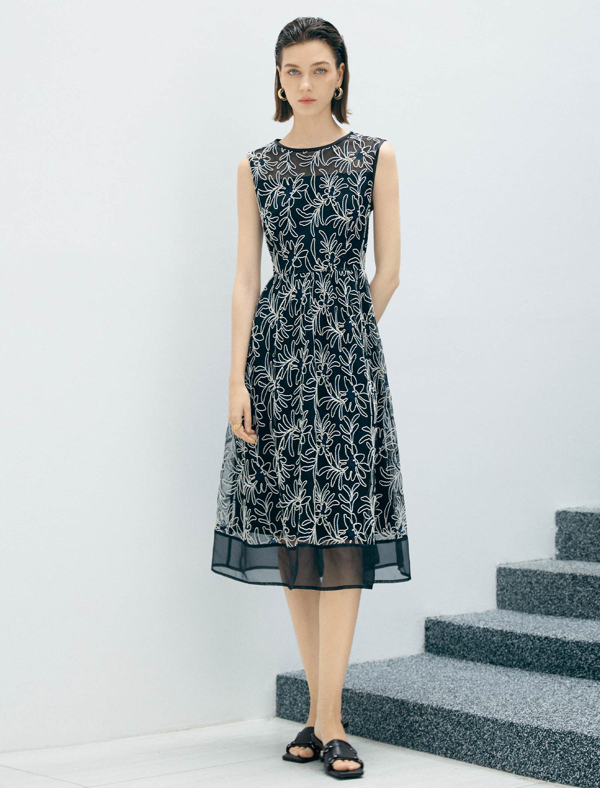 Sleeveless Floral Embroidered Mesh Midi Dress