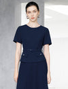 Navy Belted Tailored Short-Sleeve Top