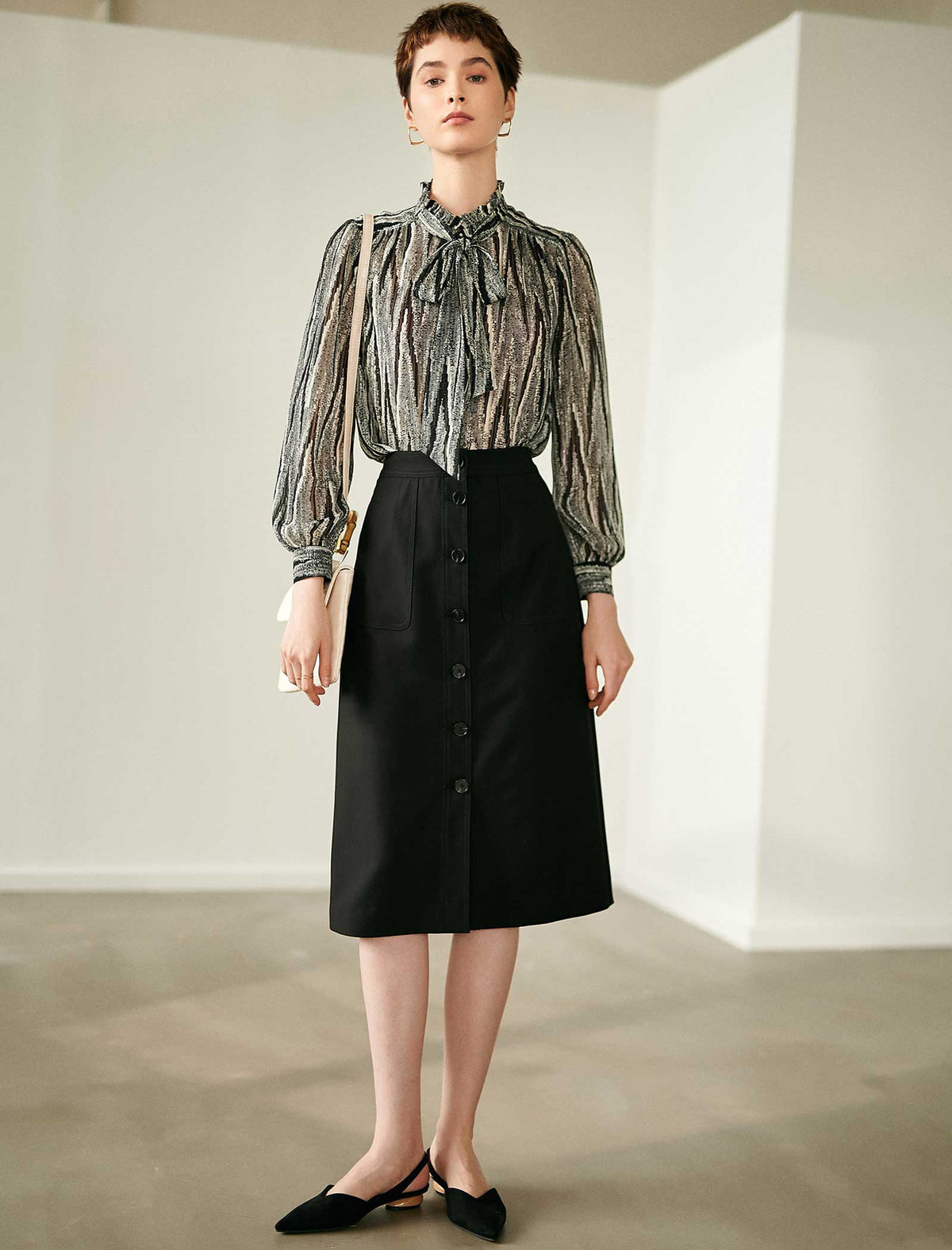 Black Button-Front Midi Pencil Skirt