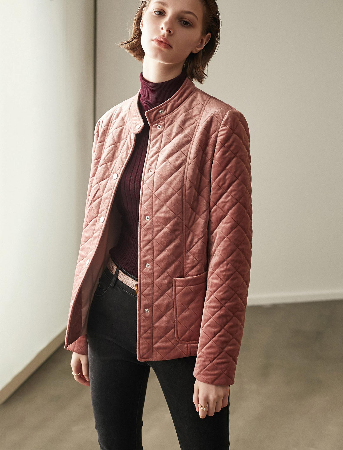 Velvet-Trim Stand-Collar Snap-Front Pocket Padded Coat