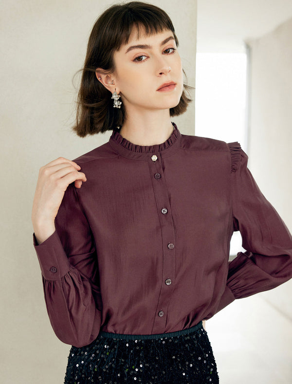 Elegant Ruffled Stand Collar Long-Sleeve Blouse