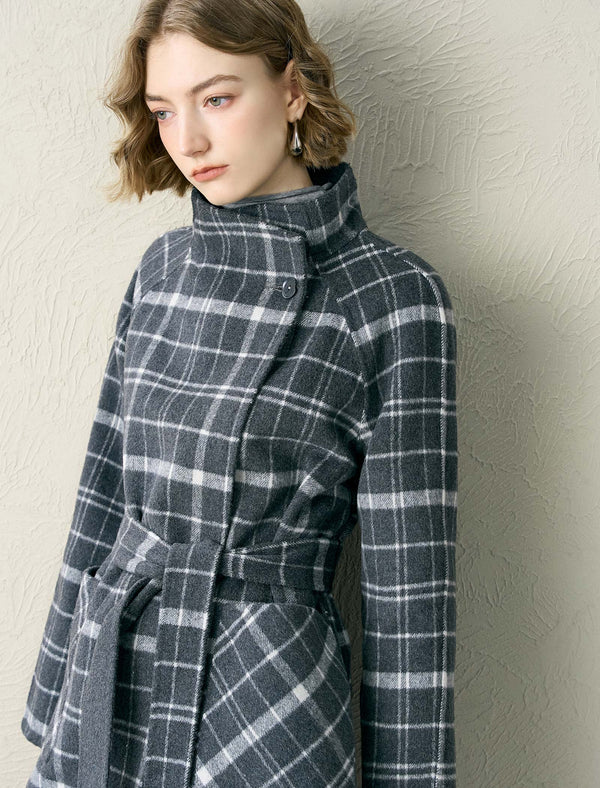 Grey Plaid Wool-Blend Self-Belt Coat