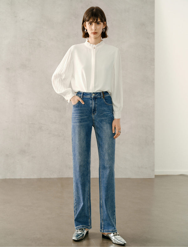 Frill Mock Neck Semi-Sheer Sleeve Blouse
