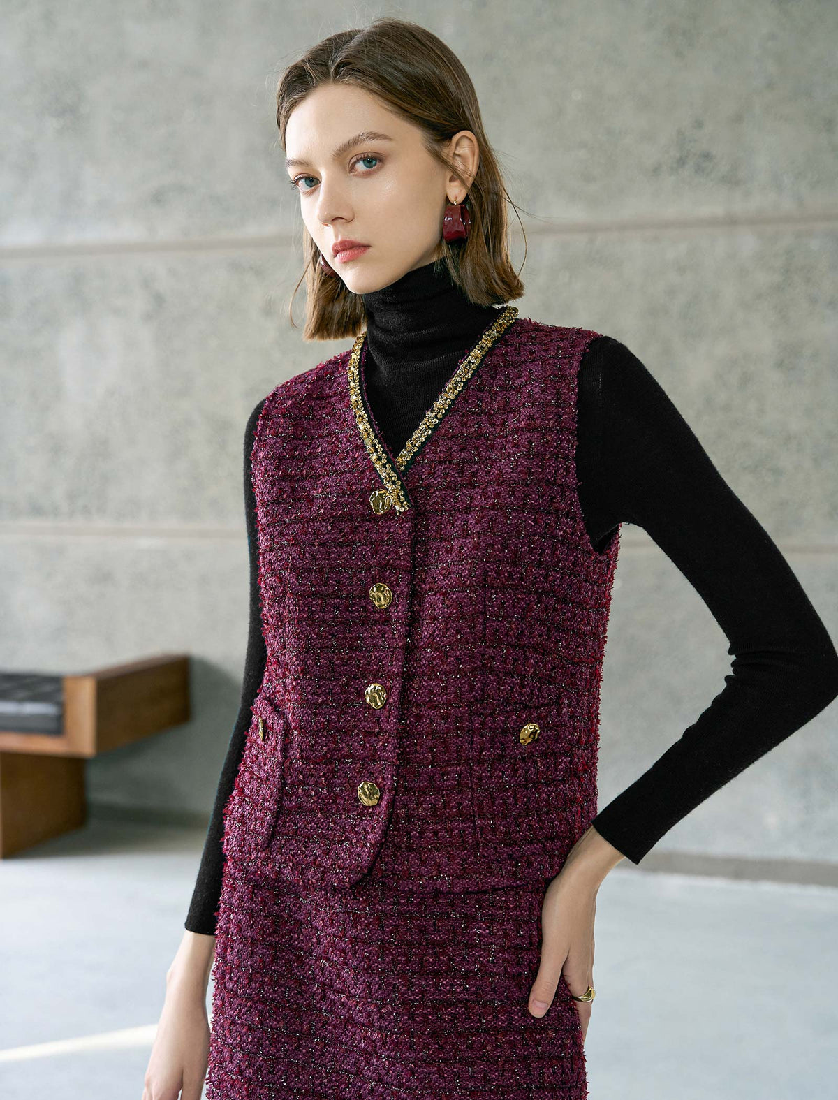 Red Tweed Vintage V-Neck Vest Coat