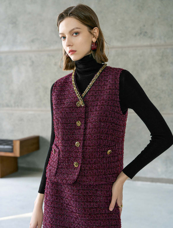 Red Tweed Vintage V-Neck Vest Coat