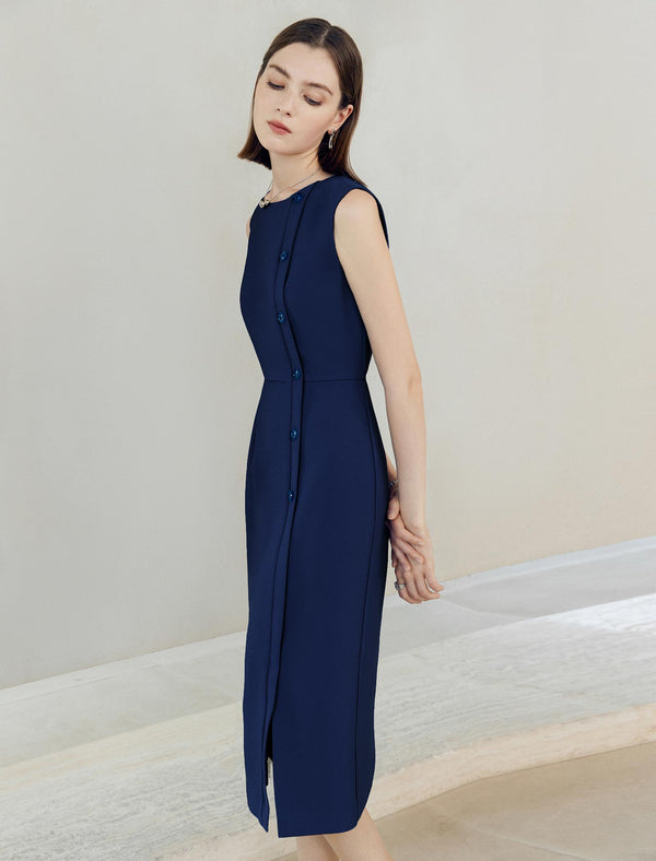 Sleeveless Sheath Midi Dress with Single-Breasted Detail