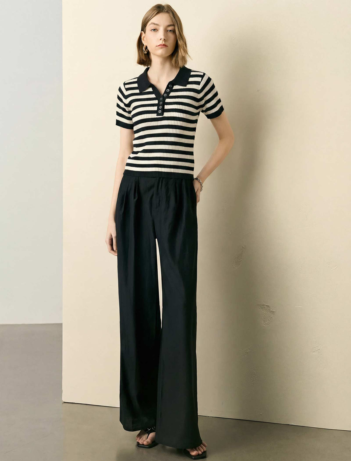Stripe Polo Short‑Sleeve Knit Top