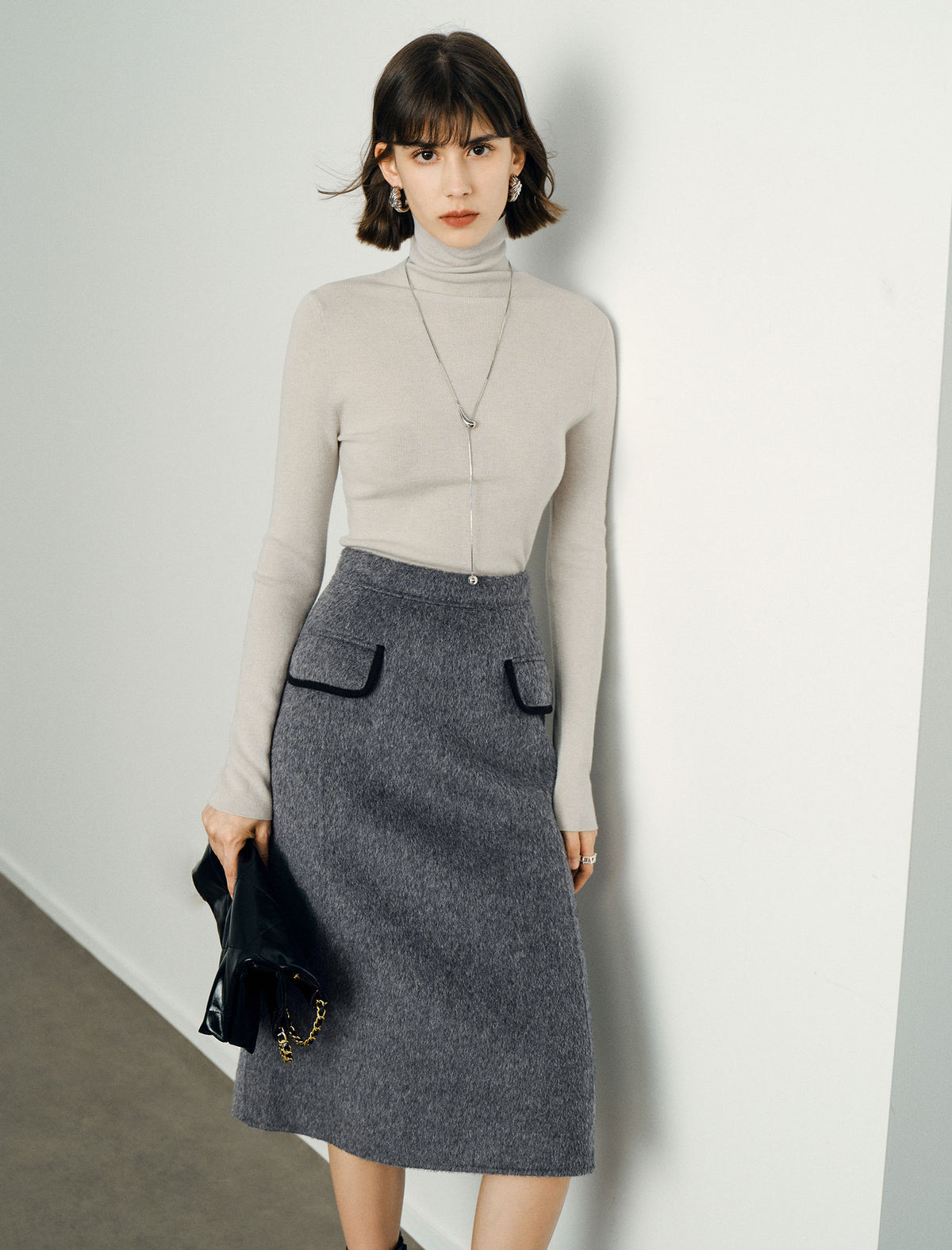 Wool Gray Double-Faced High-Waist A-Line Midi Skirt
