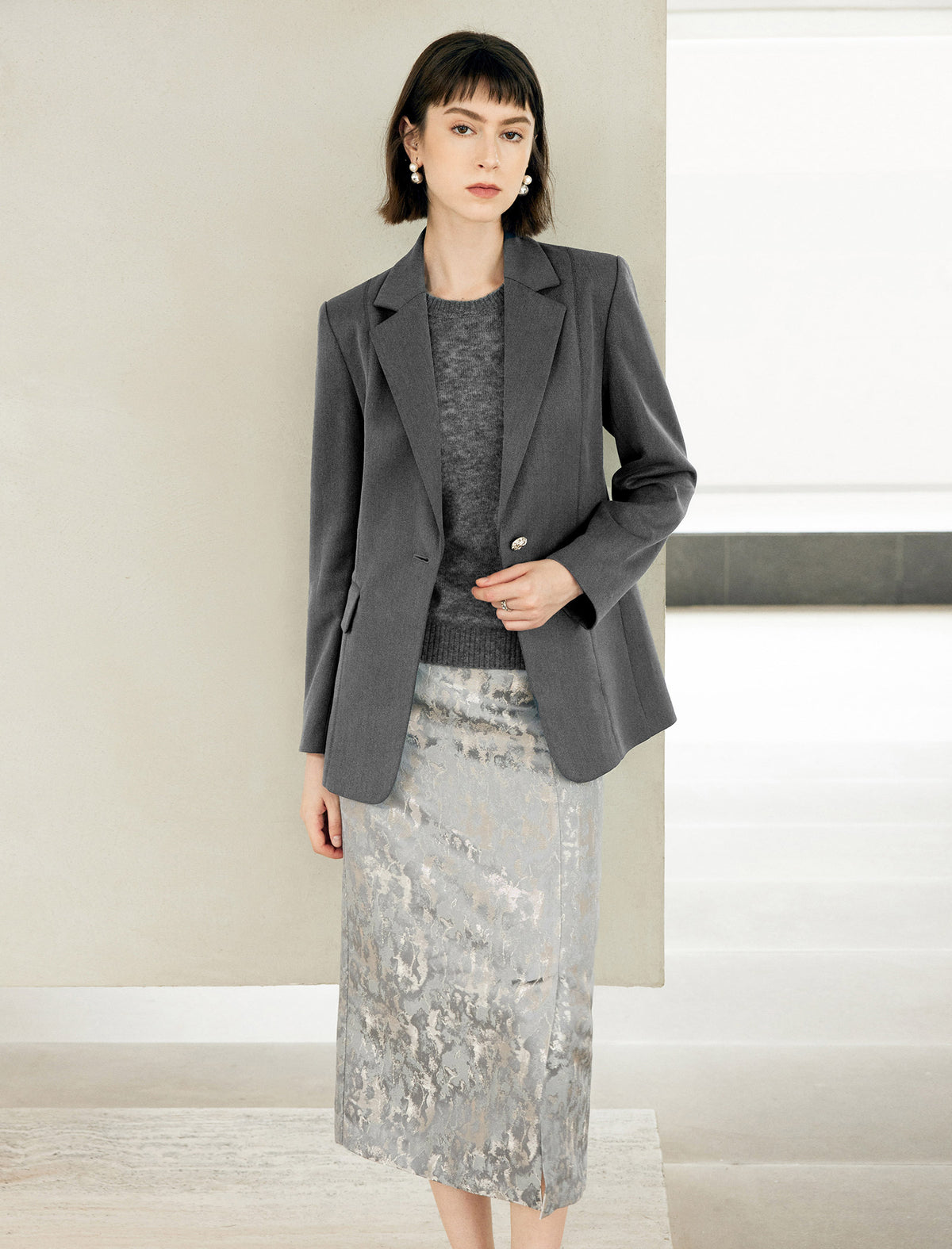 Grey Single-Button Blazer