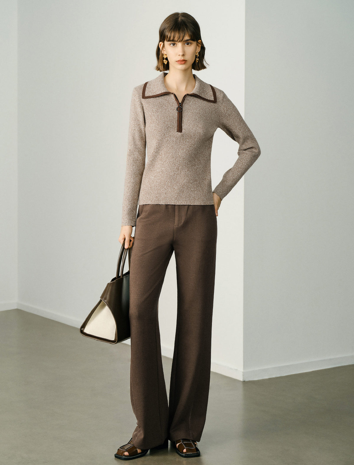 Half Zip Contrast Trim Knit Sweater