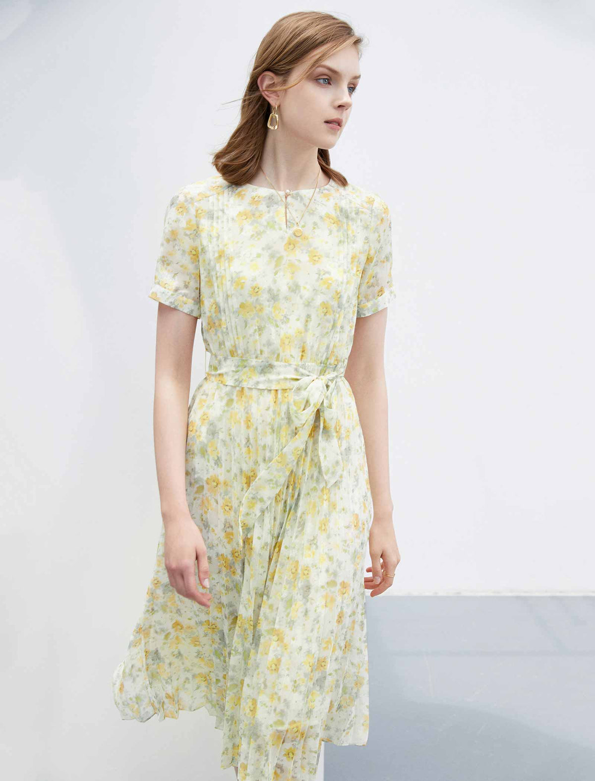 Floral Chiffon Waist-Cinched Pleated Dress