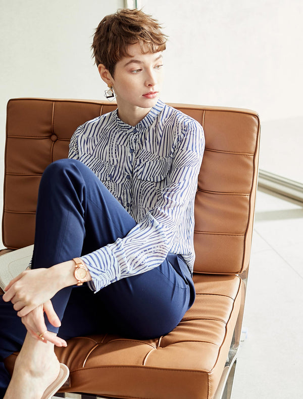 Striped Slim Fit Printed Long-Sleeve Blouse