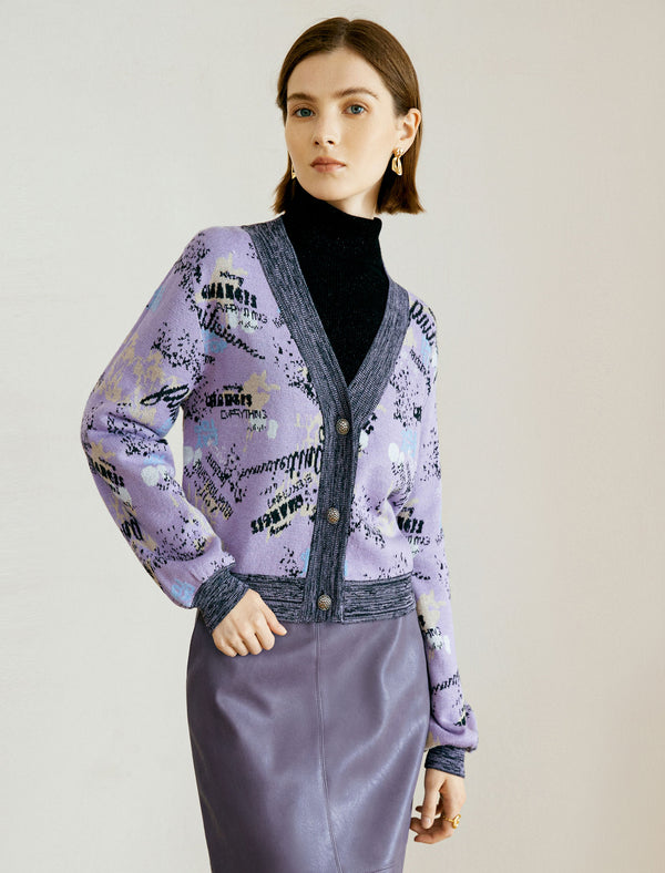 Jacquard Contrast Trim Wool-Blend Cardigan