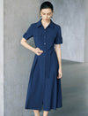 Navy Blue Linen Blend Belted Shirt Midi Dress