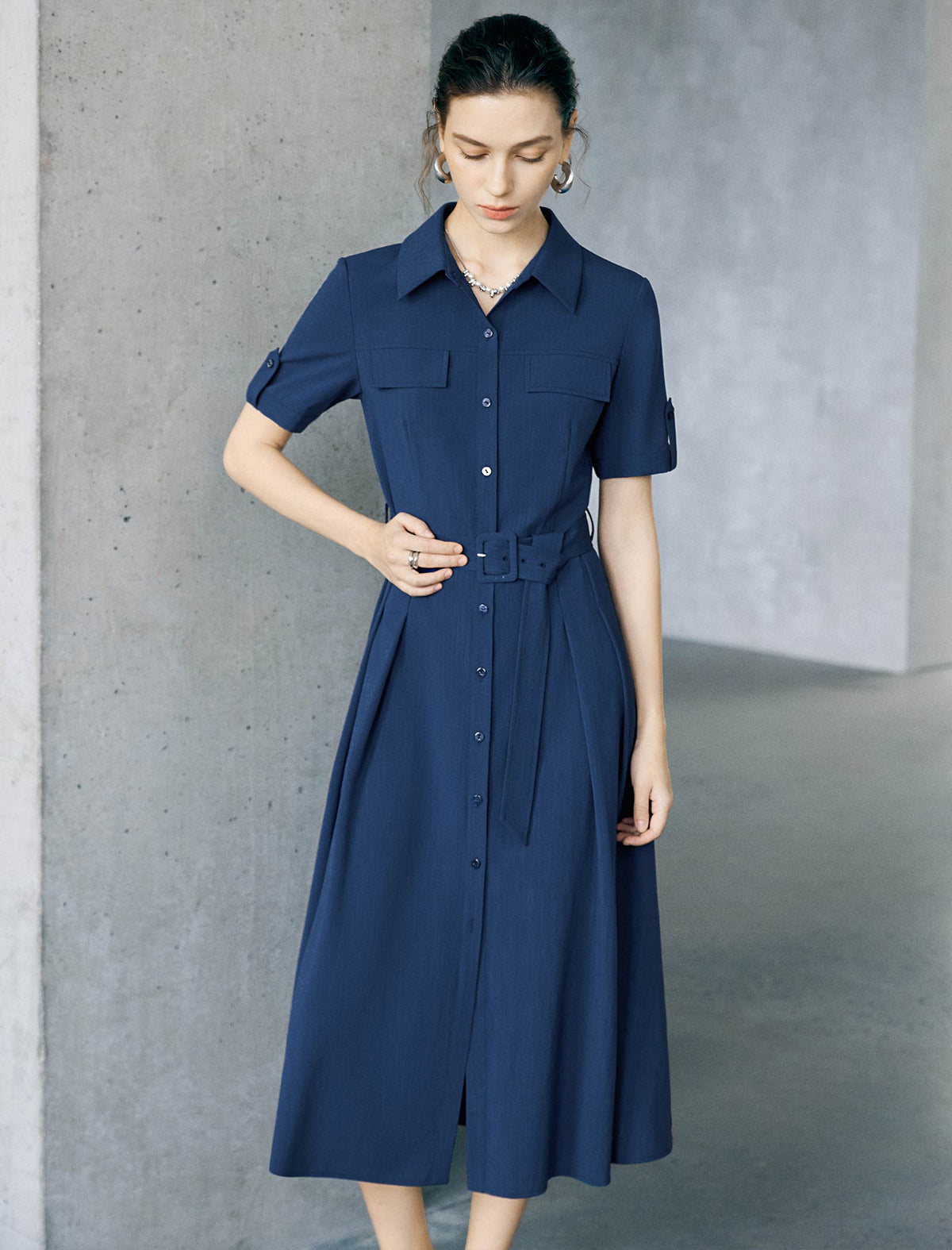 Navy Blue Linen Blend Belted Shirt Midi Dress