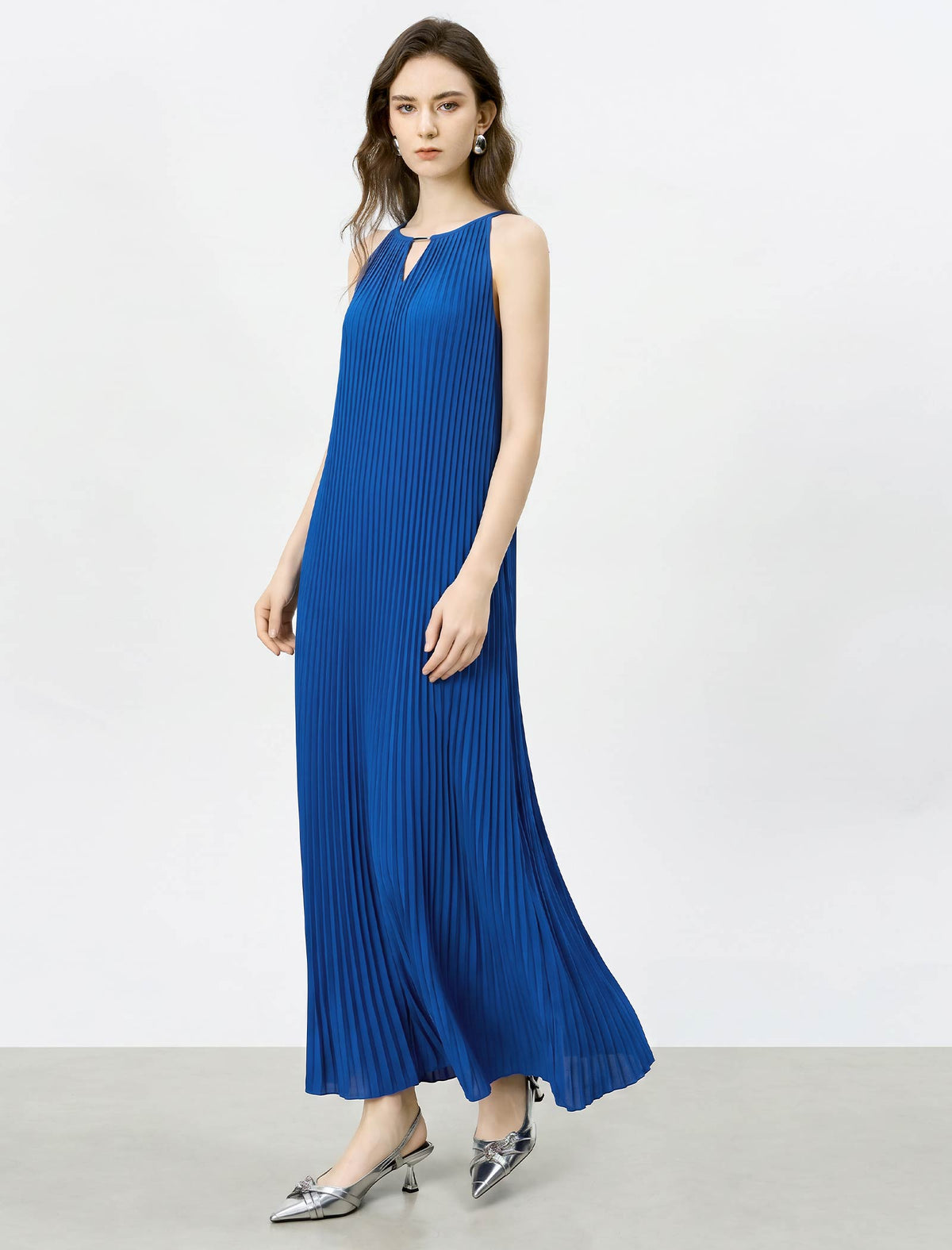 Cobalt Blue Pleated Halter Maxi Dress