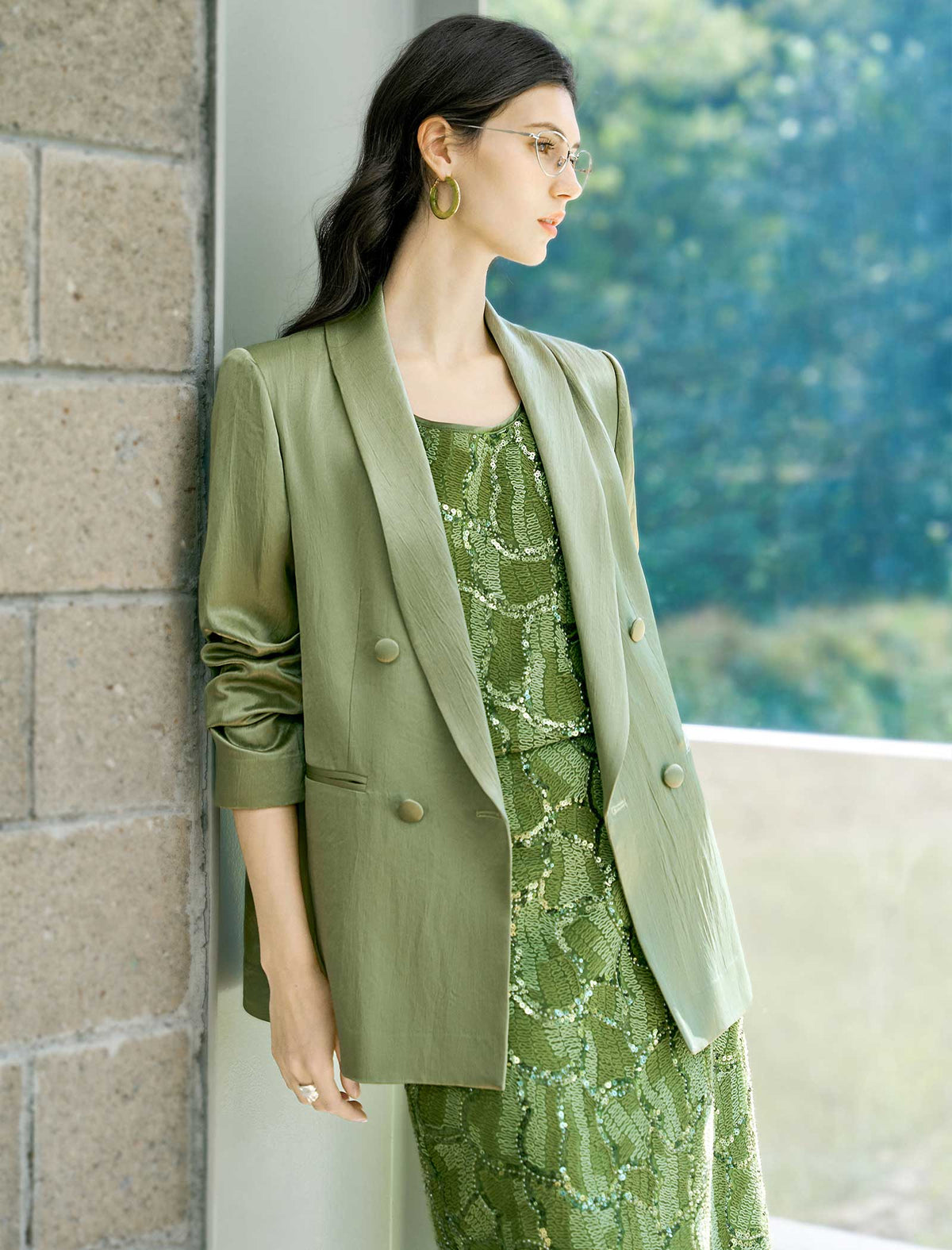 Sage Green Acetate Textured Double-Breasted Blazer