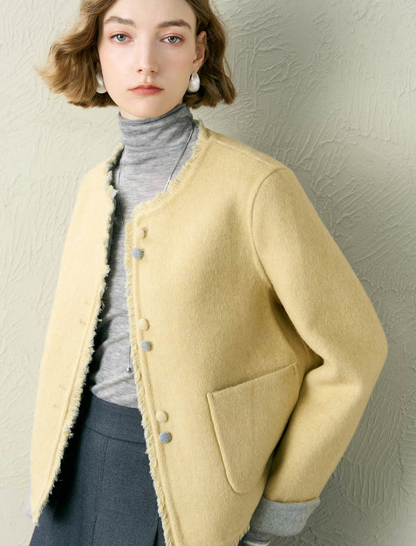 Collarless Wool Blend Tweed Fringe Jacket