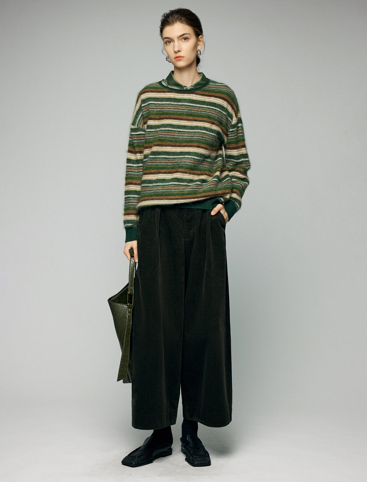 Wool and Mulberry Silk Blend Striped Crewneck Relaxed Sweater