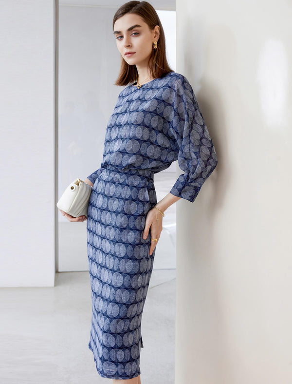 Vintage Printed Round Neck 3/4 Sleeve Blouse