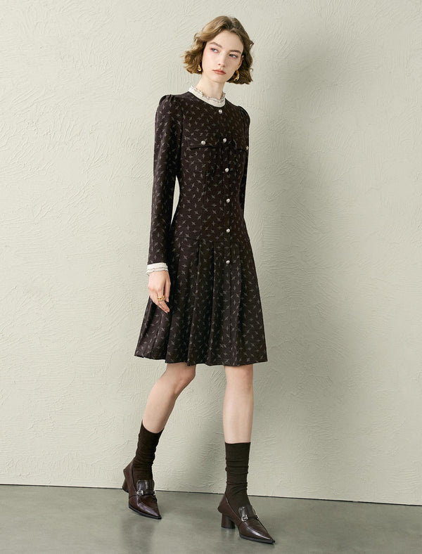 Floral Printed Lace Trim Pleated Mini Dress