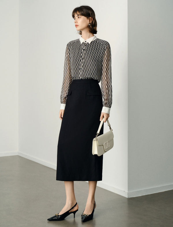 Back Slit Pocket Detail Midi Pencil Skirt