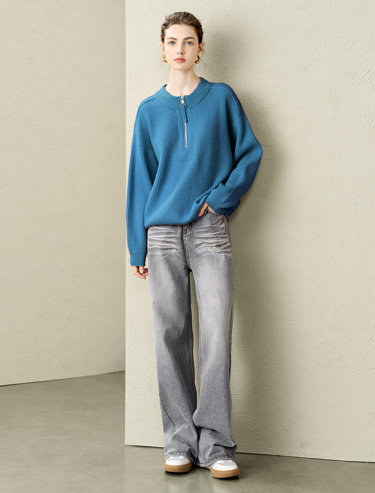 Half-Zip 100% Wool Ribbed Sweater