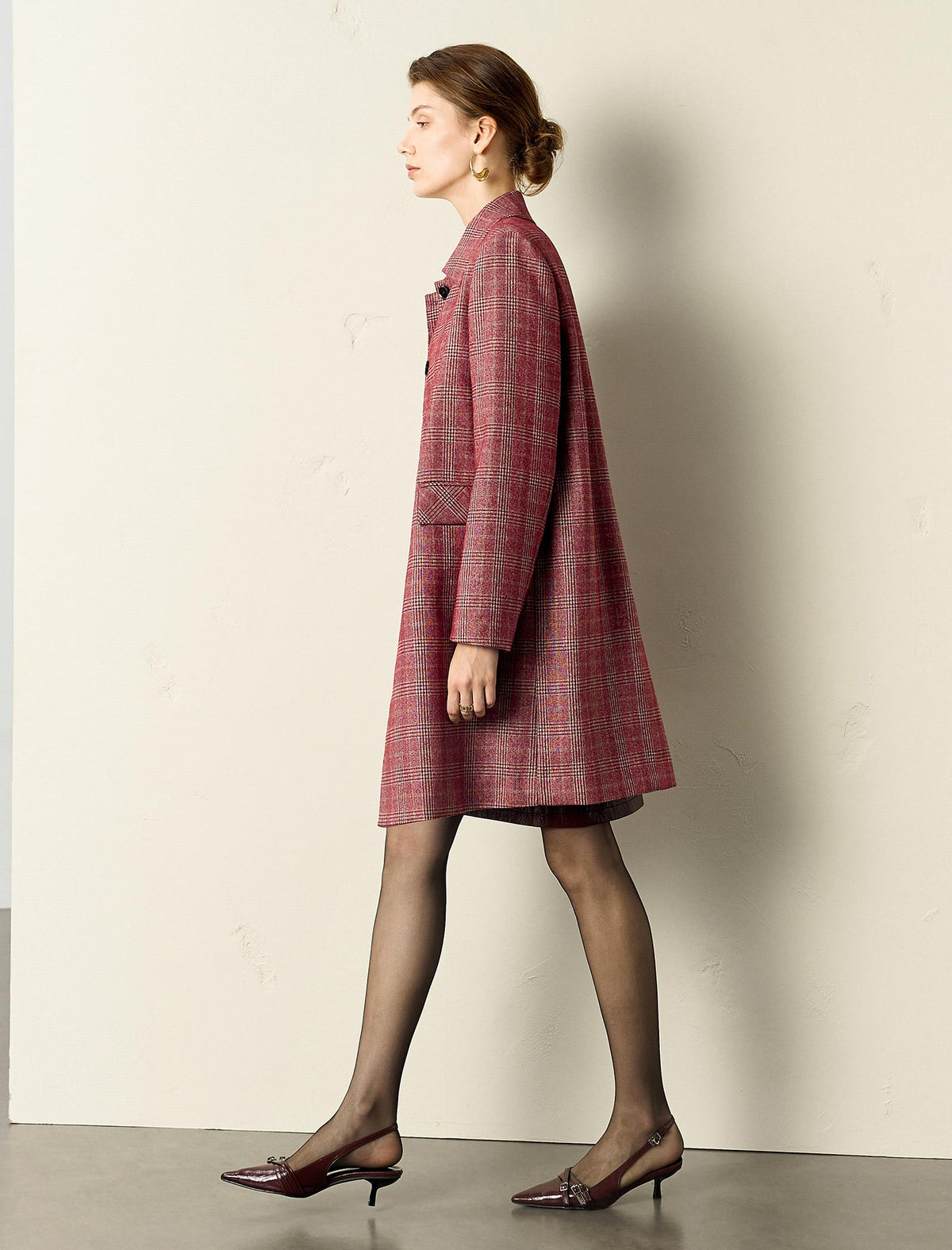 Red Plaid Straight Cut Midi Coat