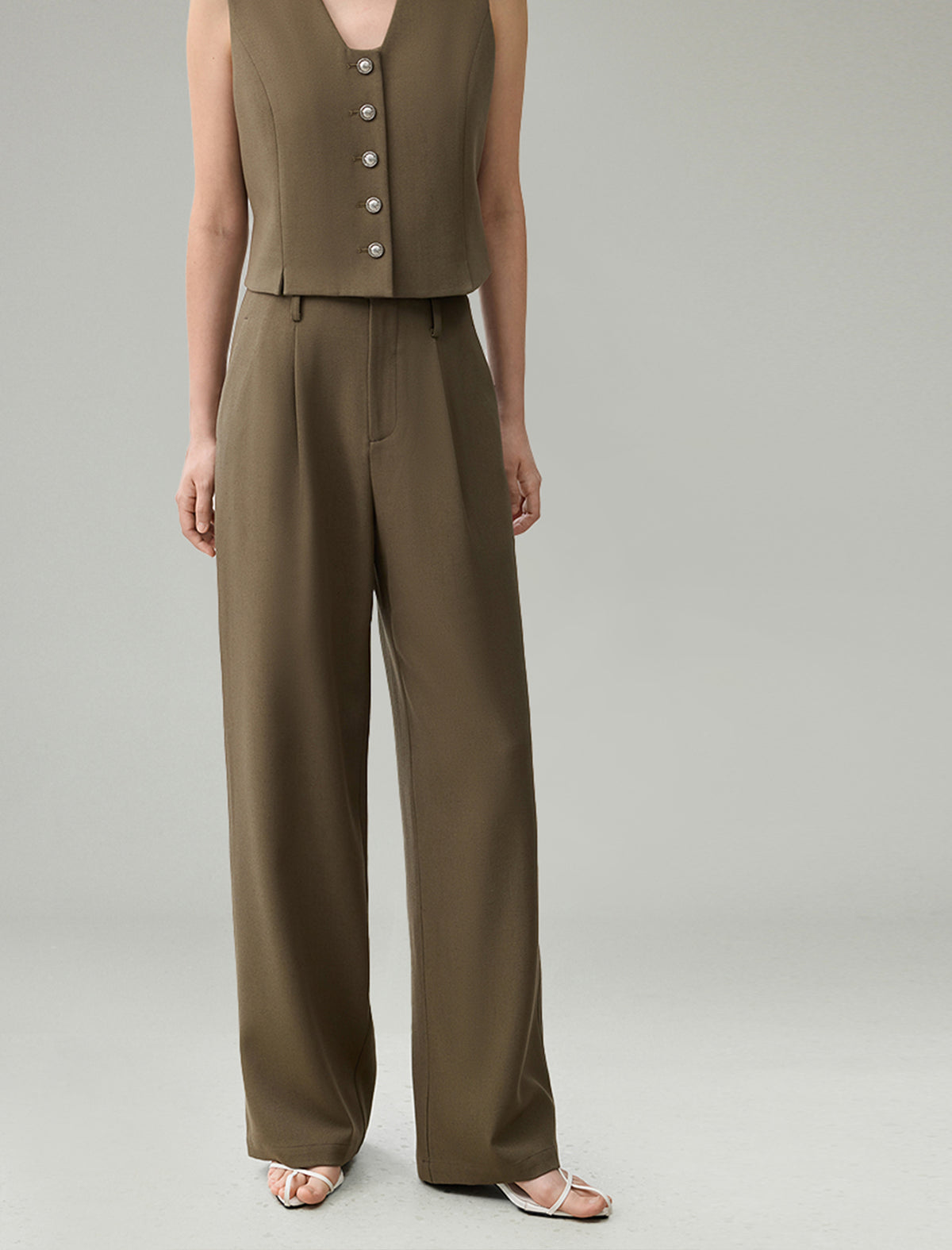 Linen Blend Wide-Leg Tailored Pants