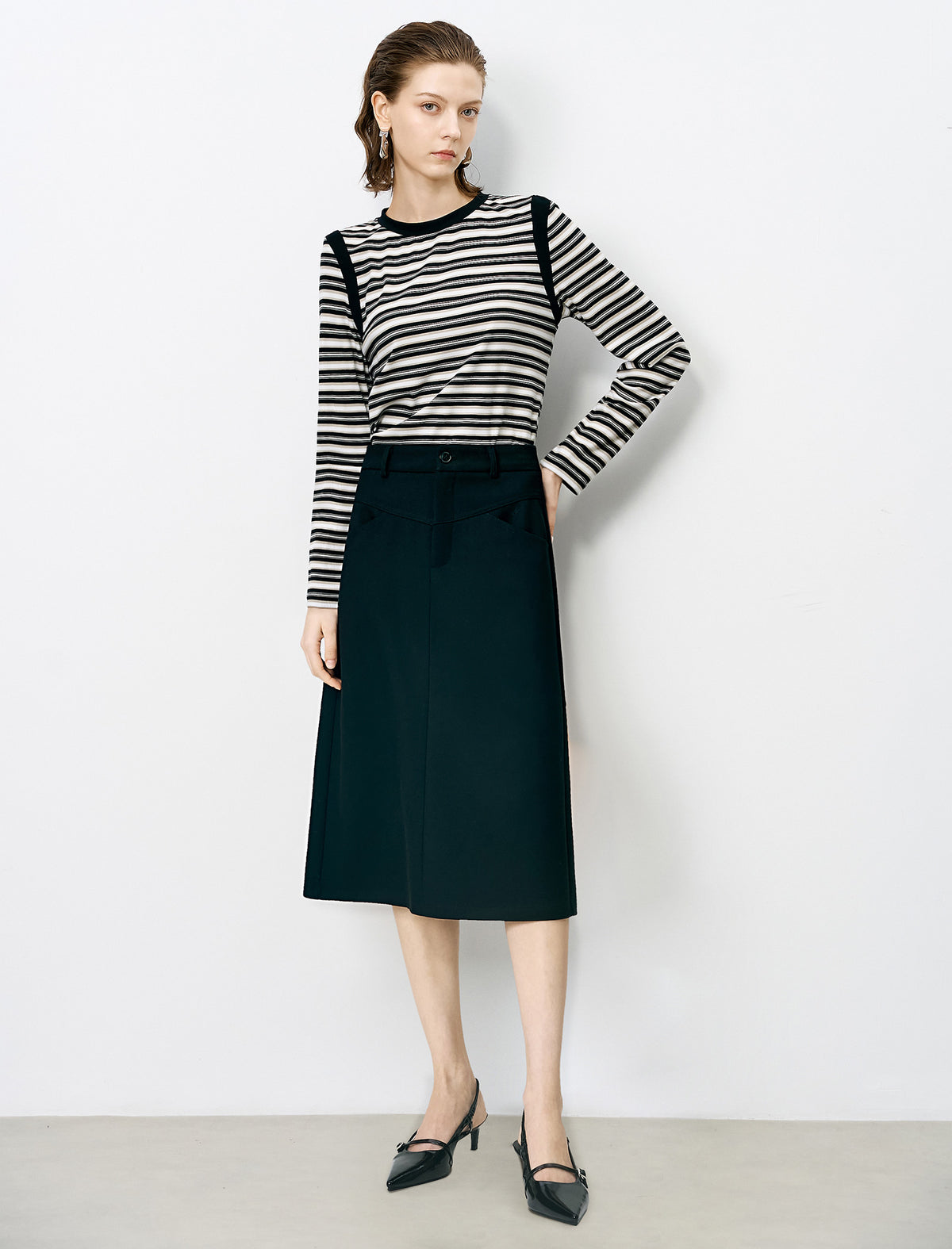 Striped Contrast-Panel Long-Sleeve Knit Top