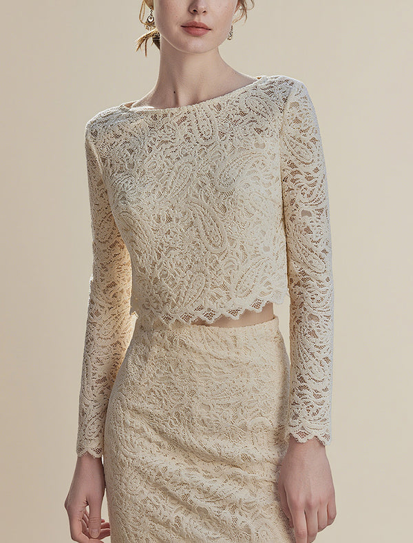 Cream Lace Cropped Long Sleeve Top