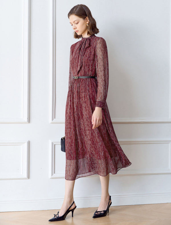Tie-Neck Striped Print Midi Dress
