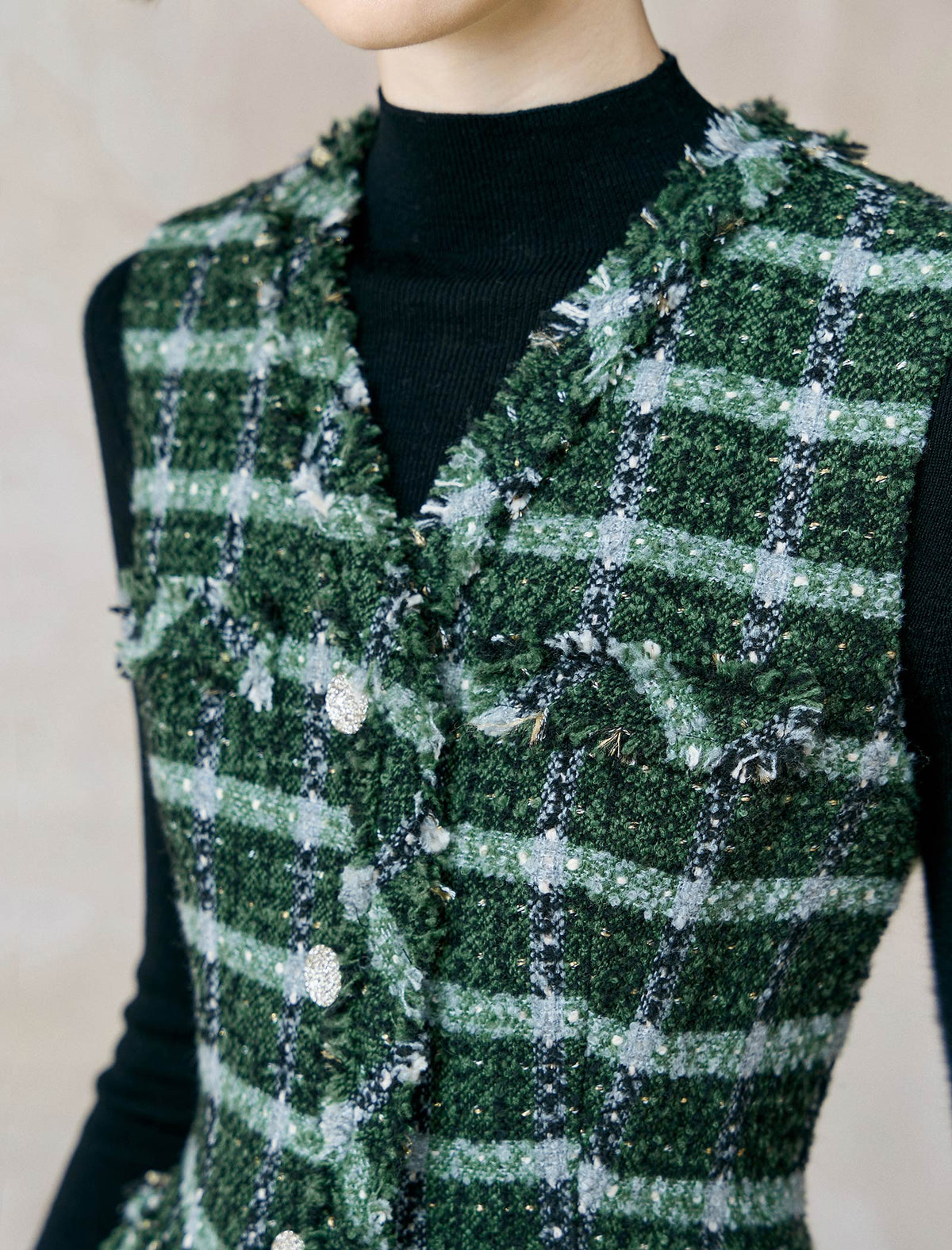 Green Plaid Tweed Sleeveless Midi Dress