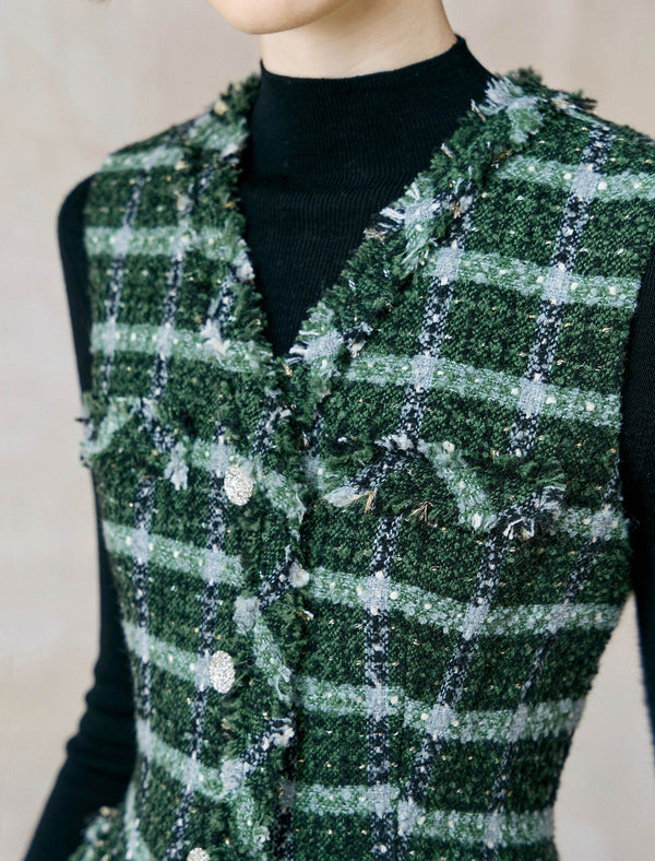 Green Plaid Tweed Sleeveless Midi Dress