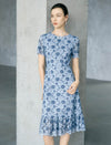 Blue Floral Lace Ruffle Hem Short Sleeve Midi Dress