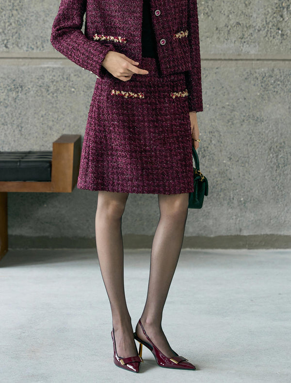 Burgundy Tweed Wool-Blend Mini Skirt
