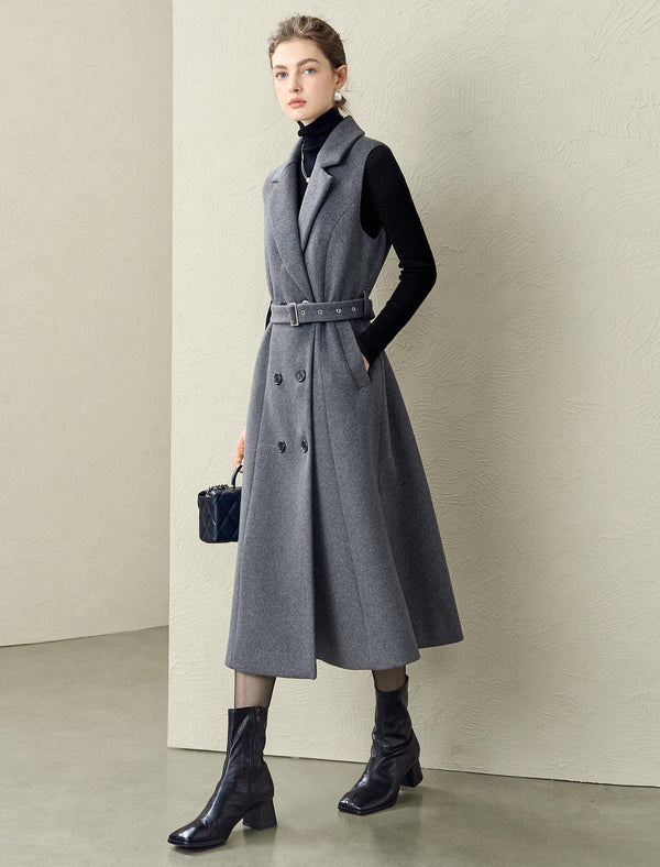 Wool Blend Tailored Sleeveless Midi Dress with Belt