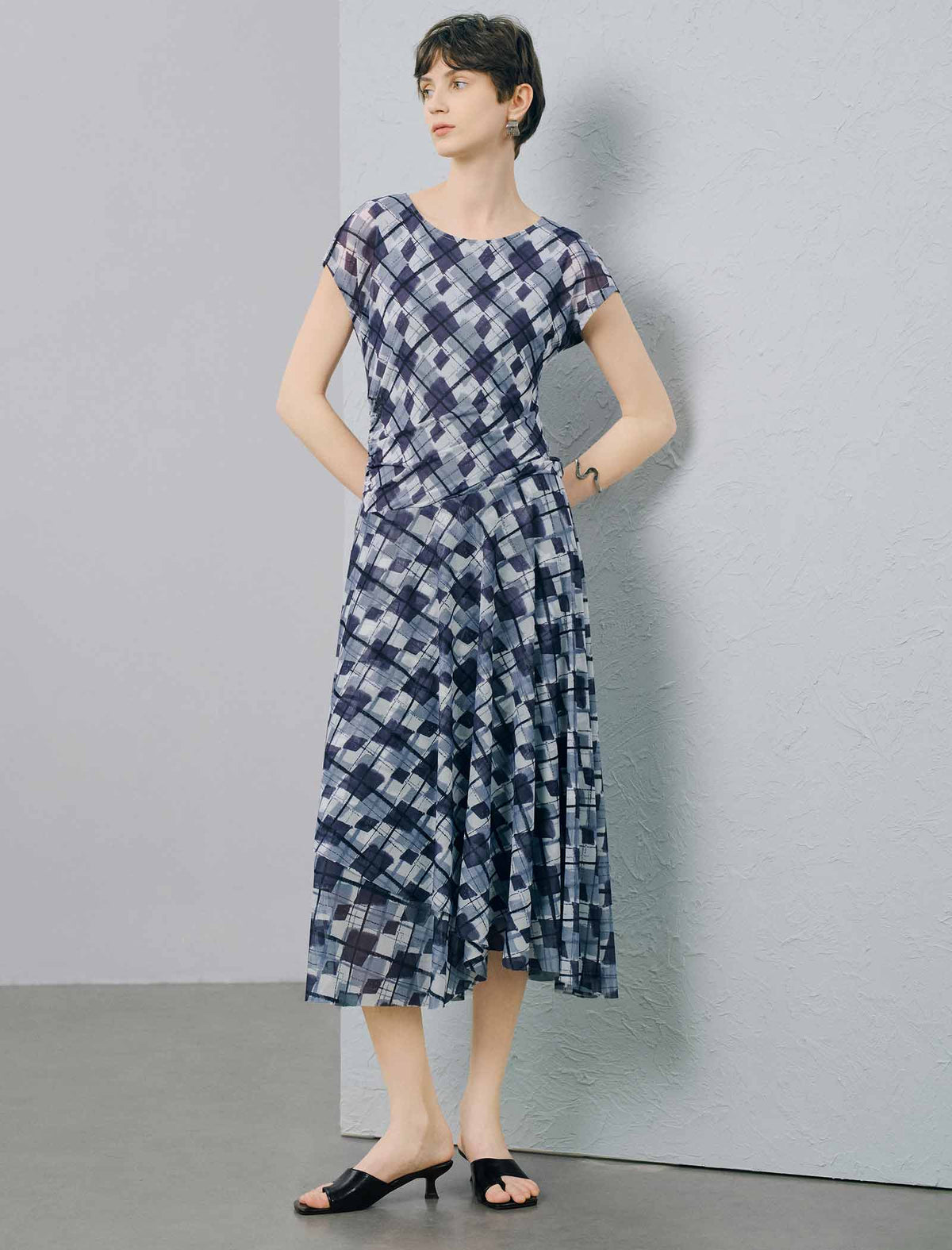 Blue Checked Ruched Midi Dress