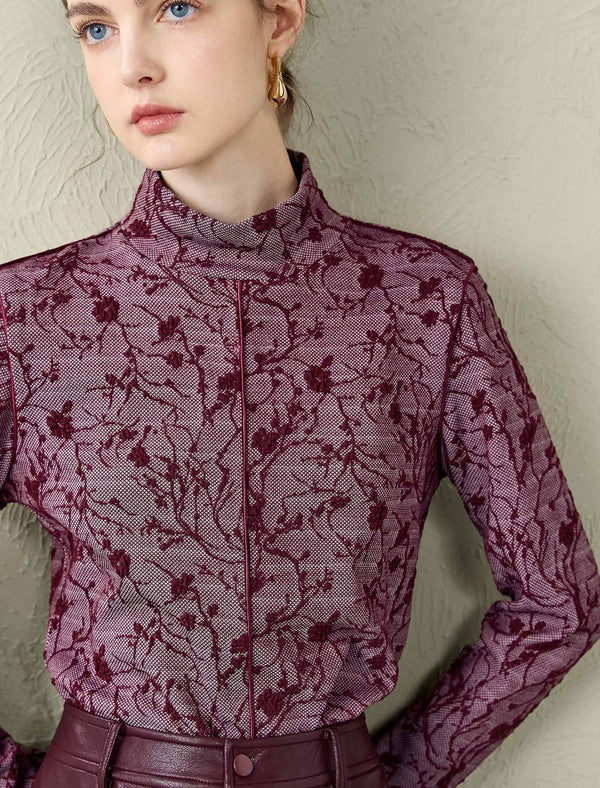 Burgundy Floral Lace Mock Neck Top