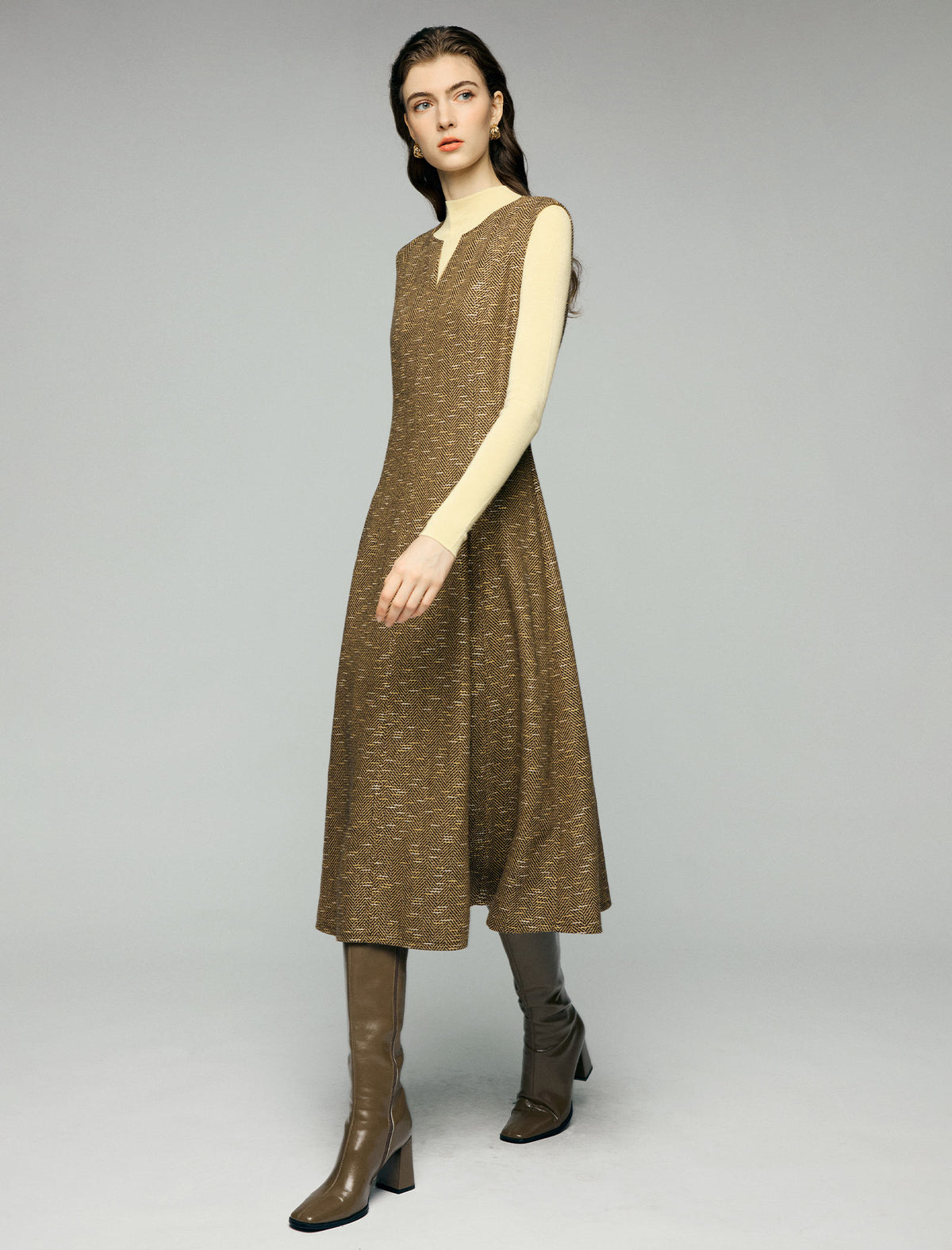 Wool Blend Shimmer Notched V-Neck Sleeveless A-Line Midi Dress