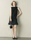 Black Tweed Wool-Blend Ruffle Hem Sleeveless Shift Dress