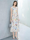 Abstract Art Print Sleeveless Waist-Fitted Mulberry Silk Midi Dress