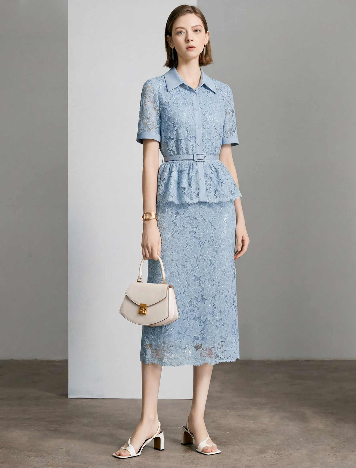 Light Blue Lace Sequined Pencil Midi Skirt