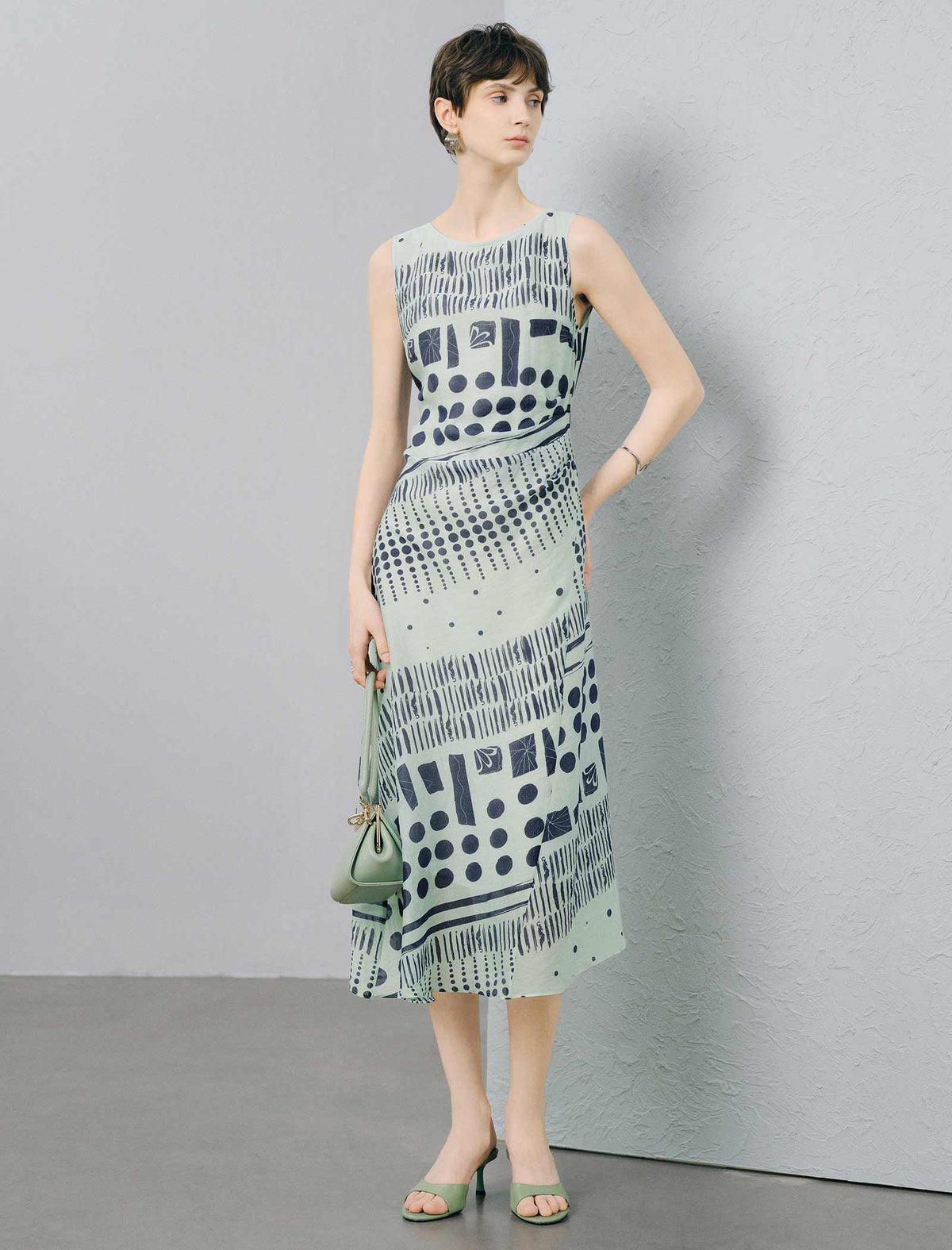 Light Green Geometric Print Tencel Lyocell Sleeveless Midi Dress