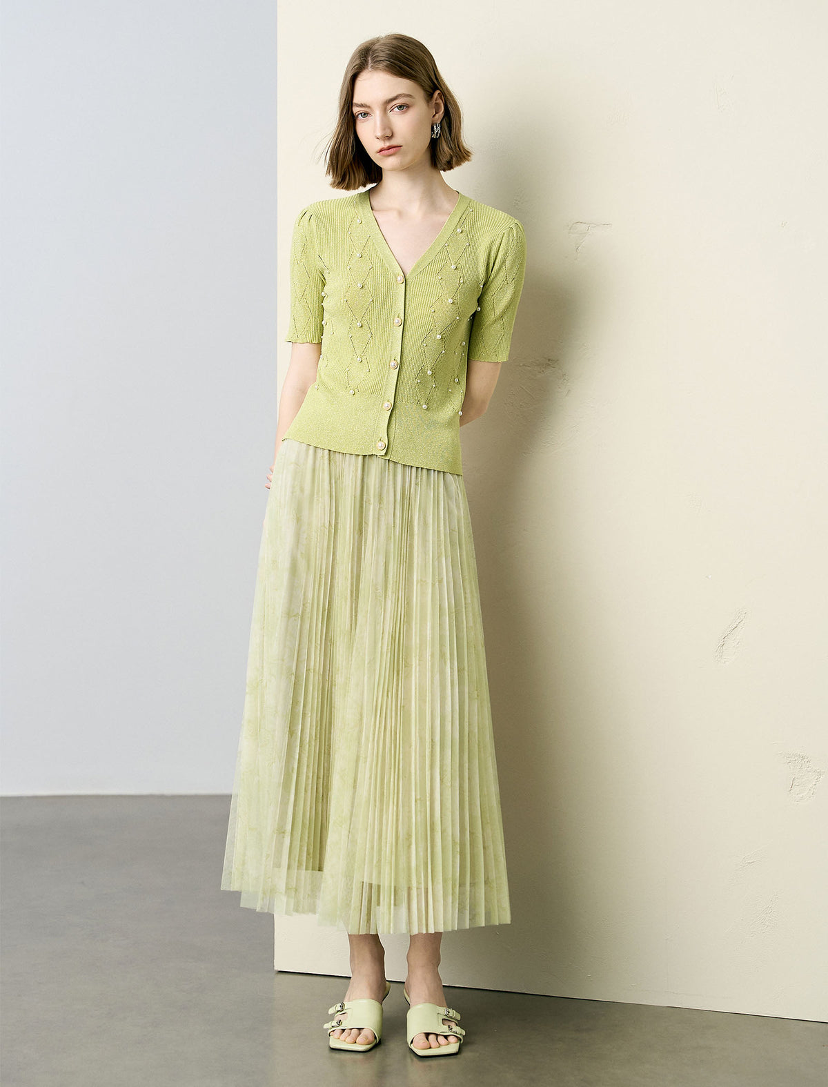 Light Green Pearl-Embellished Short Sleeve Cardigan