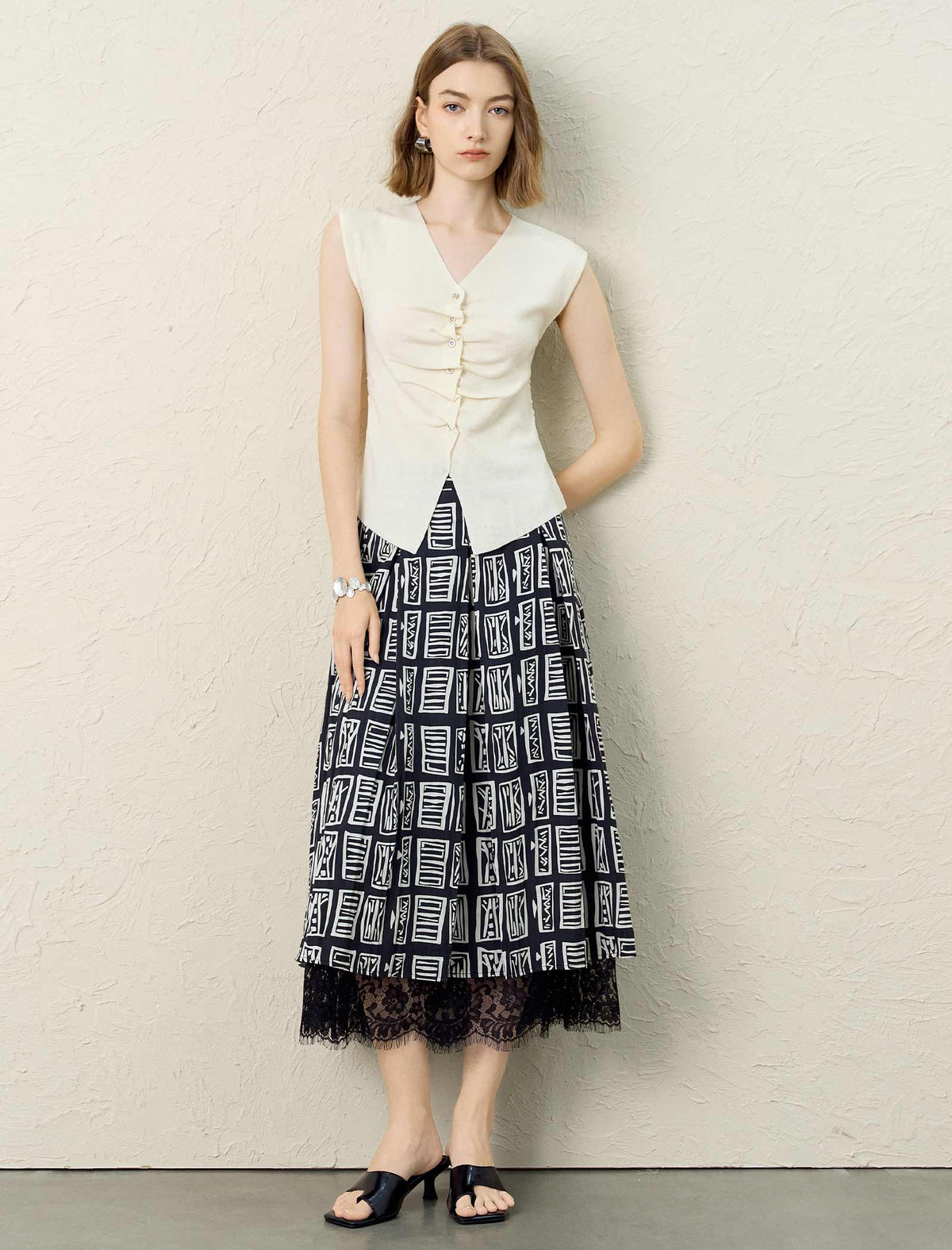 Black And White Geometric Lace Trim Midi Skirt